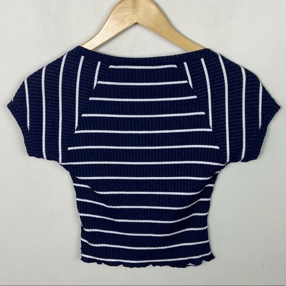 Alc Sabina Blue Striped Crop Top V-Neck White Size XS Stretch Cap Sleeves Tee - Picture 5 of 8